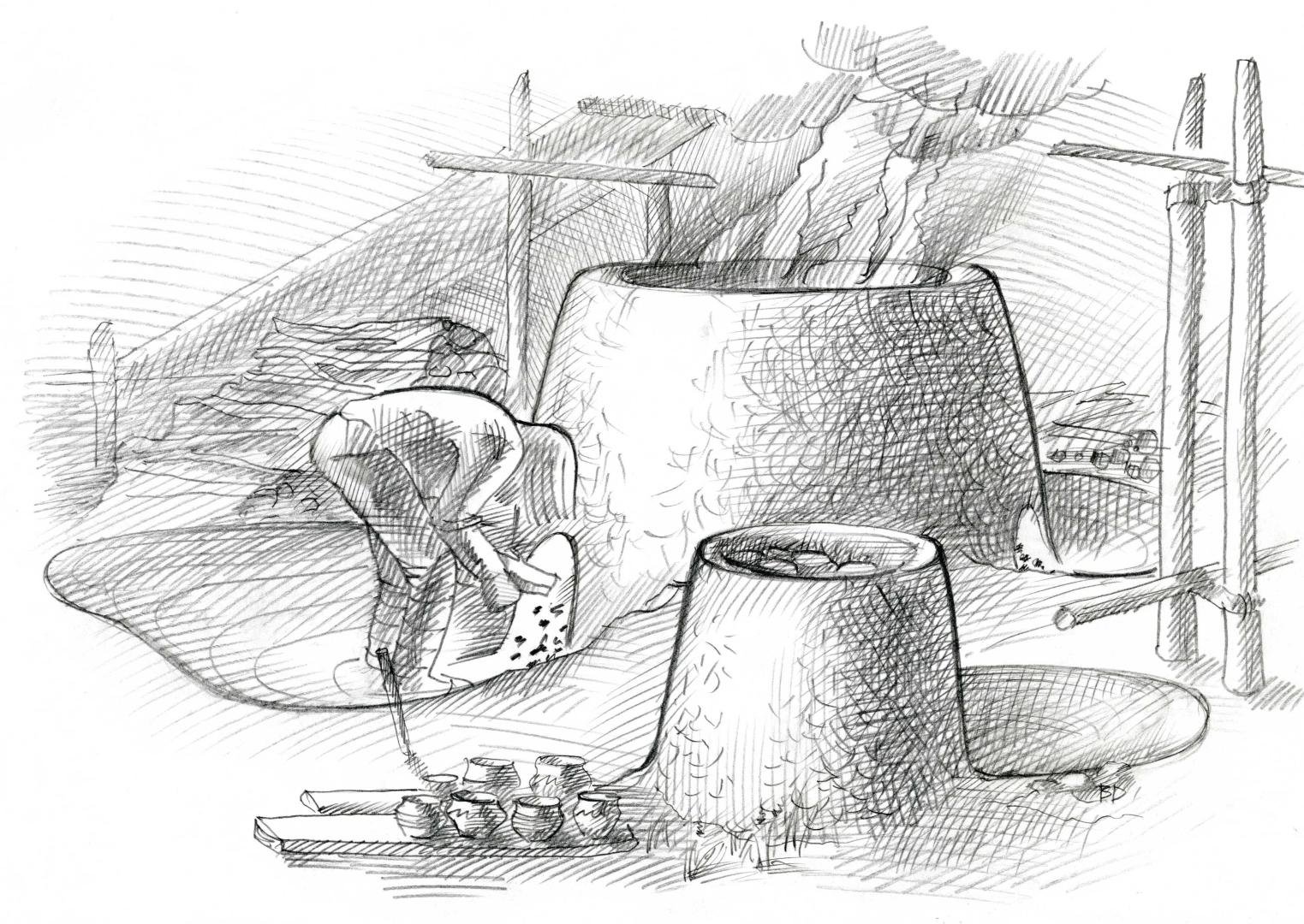 6.&nbsp;attēls. Daugmales pilskalna podnieka darbnīcas vizualizācija. Zīmējums: B. Dumpe