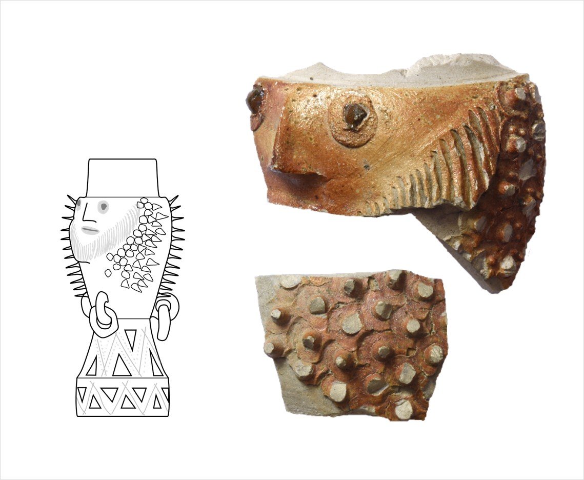 Attēls no publikācijas: Valdenburgas akmensmasas trauka fragments no Cēsu pils. Foto un grafiskā rekonstrukcija: B. Dumpe